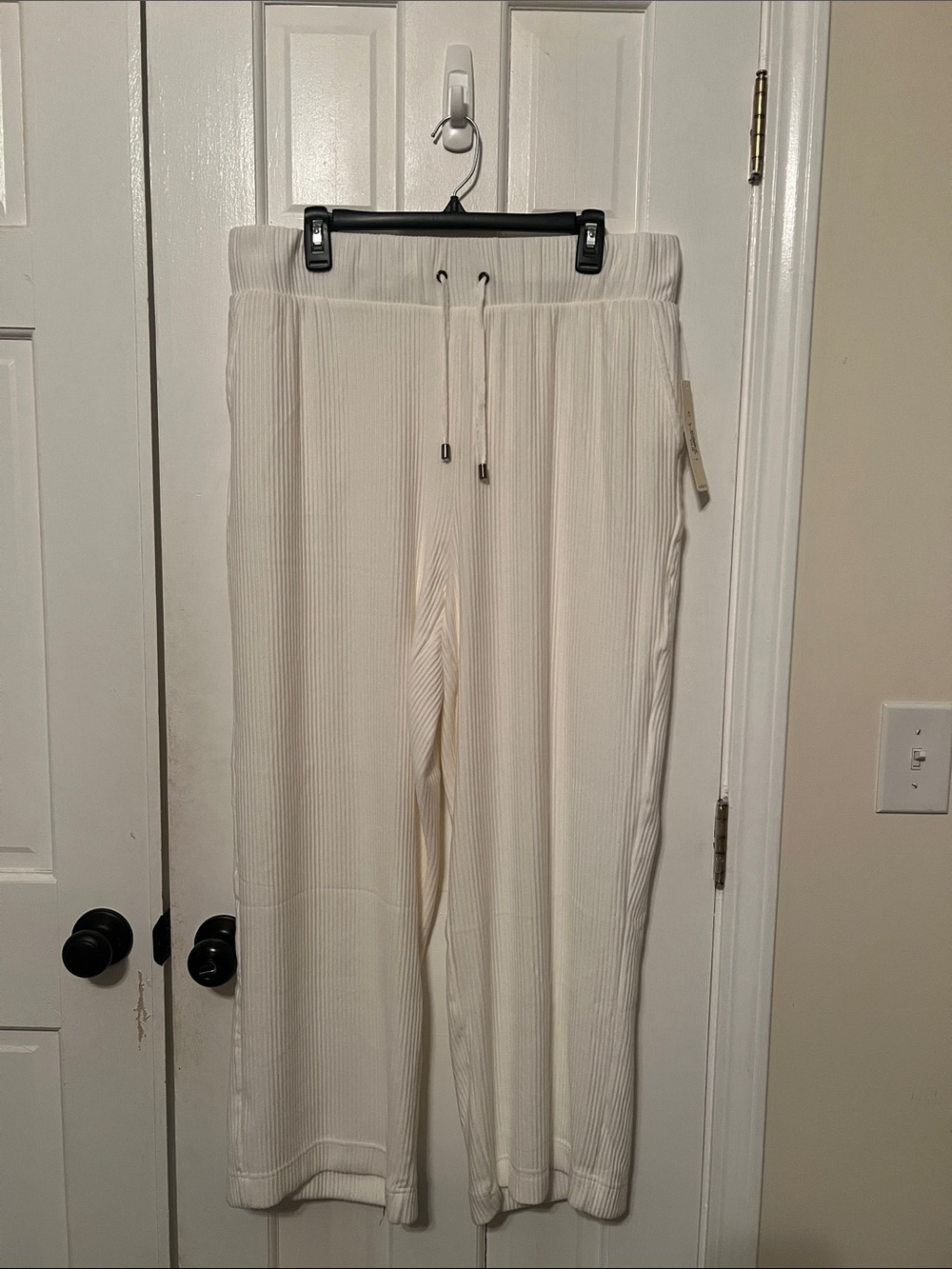 Cyrus Off-White Ribbed Wide Leg Drawstring Pants